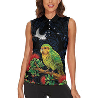 New Zealand Kakapo Matariki Personalised Women Sleeveless Polo Shirt Pohutukawa Flower Galaxy Maori Pattern