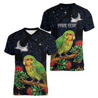 New Zealand Kakapo Matariki Personalised Women V-Neck T-Shirt Pohutukawa Flower Galaxy Maori Pattern