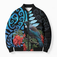 Tui Bird Kakabeak New Zealand Bomber Puffer Jacket Clianthus Galaxy Maori Koru Pattern LT22 Unisex Blue - Polynesian Pride
