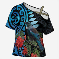 Tui Bird Kakabeak New Zealand Cross Shoulder Shirt Clianthus Galaxy Maori Koru Pattern LT22 Female Blue - Polynesian Pride