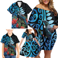 Tui Bird Kakabeak New Zealand Family Matching Off Shoulder Short Dress and Hawaiian Shirt Clianthus Galaxy Maori Koru Pattern