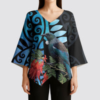 Tui Bird Kakabeak New Zealand Kimono Sleeve Blouse Clianthus Galaxy Maori Koru Pattern LT22 - Polynesian Pride