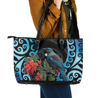 Tui Bird Kakabeak New Zealand Leather Tote Bag Clianthus Galaxy Maori Koru Pattern LT22 - Polynesian Pride