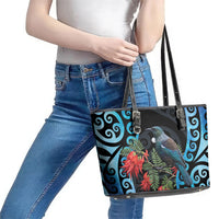 Tui Bird Kakabeak New Zealand Leather Tote Bag Clianthus Galaxy Maori Koru Pattern LT22 - Polynesian Pride