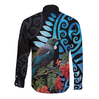 Tui Bird Kakabeak New Zealand Long Sleeve Button Shirt Clianthus Galaxy Maori Koru Pattern LT22 - Polynesian Pride