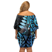 Tui Bird Kakabeak New Zealand Off Shoulder Short Dress Clianthus Galaxy Maori Koru Pattern LT22 - Polynesian Pride