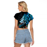 Tui Bird Kakabeak New Zealand Raglan Cropped T Shirt Clianthus Galaxy Maori Koru Pattern LT22 - Polynesian Pride