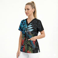 Tui Bird Kakabeak New Zealand Scrub Top Clianthus Galaxy Maori Koru Pattern LT22 - Polynesian Pride