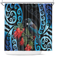 Tui Bird Kakabeak New Zealand Shower Curtain Clianthus Galaxy Maori Koru Pattern LT22 Blue - Polynesian Pride