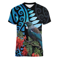 Tui Bird Kakabeak New Zealand Women V-Neck T-Shirt Clianthus Galaxy Maori Koru Pattern