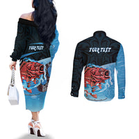 Personalised Snapper Fishing New Zealand Couples Matching Off The Shoulder Long Sleeve Dress and Long Sleeve Button Shirt Tamure Fish Hook Maori Pattern