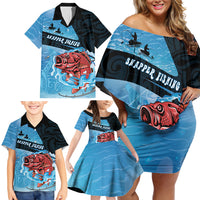 Personalised Snapper Fishing New Zealand Family Matching Off Shoulder Short Dress and Hawaiian Shirt Tamure Fish Hook Maori Pattern