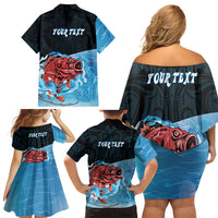 Personalised Snapper Fishing New Zealand Family Matching Off Shoulder Short Dress and Hawaiian Shirt Tamure Fish Hook Maori Pattern