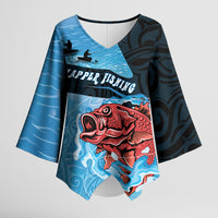 Personalised Snapper Fishing New Zealand Kimono Sleeve Blouse Tamure Fish Hook Maori Pattern LT22 Female Blue - Polynesian Pride