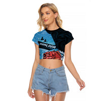 Personalised Snapper Fishing New Zealand Raglan Cropped T Shirt Tamure Fish Hook Maori Pattern LT22 Female Blue - Polynesian Pride