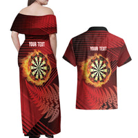 Personalised Darts New Zealand Couples Matching Off Shoulder Maxi Dress and Hawaiian Shirt Silver Fern Red Color