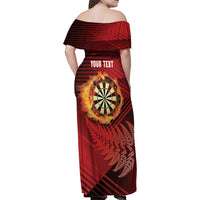 Personalised Darts New Zealand Family Matching Off Shoulder Maxi Dress and Hawaiian Shirt Silver Fern Red Color