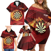 Personalised Darts New Zealand Family Matching Off Shoulder Short Dress and Hawaiian Shirt Silver Fern Red Color