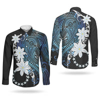 Cook Islands Maori Language Week Couples Matching Off The Shoulder Long Sleeve Dress and Long Sleeve Button Shirt Tiare Maori Kuki Airani Blue Pattern LT22 - Polynesian Pride