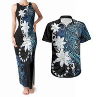 Cook Islands Maori Language Week Couples Matching Tank Maxi Dress and Hawaiian Shirt Tiare Maori Kuki Airani Blue Pattern LT22 Blue - Polynesian Pride