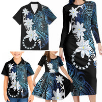 Cook Islands Maori Language Week Family Matching Long Sleeve Bodycon Dress and Hawaiian Shirt Tiare Maori Kuki Airani Blue Pattern LT22 - Polynesian Pride