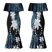 Cook Islands Maori Language Week Family Matching Mermaid Dress and Hawaiian Shirt Tiare Maori Kuki Airani Blue Pattern LT22 Mom's Dress Blue - Polynesian Pride