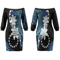 Cook Islands Maori Language Week Family Matching Off The Shoulder Long Sleeve Dress and Hawaiian Shirt Tiare Maori Kuki Airani Blue Pattern LT22 Mom's Dress Blue - Polynesian Pride