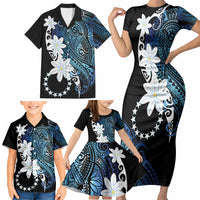 Cook Islands Maori Language Week Family Matching Short Sleeve Bodycon Dress and Hawaiian Shirt Tiare Maori Kuki Airani Blue Pattern LT22 - Polynesian Pride