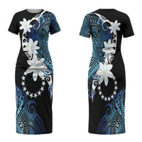 Cook Islands Maori Language Week Family Matching Short Sleeve Bodycon Dress and Hawaiian Shirt Tiare Maori Kuki Airani Blue Pattern LT22 Mom's Dress Blue - Polynesian Pride