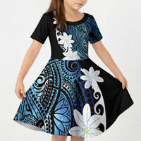 Cook Islands Maori Language Week Kid Short Sleeve Dress Tiare Maori Kuki Airani Blue Pattern LT22 KID Blue - Polynesian Pride