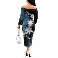 Cook Islands Maori Language Week Off The Shoulder Long Sleeve Dress Tiare Maori Kuki Airani Blue Pattern LT22 - Polynesian Pride