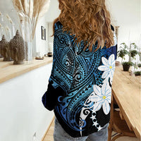 Cook Islands Maori Language Week Women Casual Shirt Tiare Maori Kuki Airani Blue Pattern LT22 - Polynesian Pride