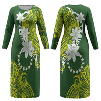 Cook Islands Maori Language Week Couples Matching Long Sleeve Bodycon Dress and Hawaiian Shirt Tiare Maori Kuki Airani Green Pattern LT22 - Polynesian Pride