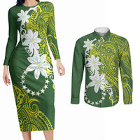 Cook Islands Maori Language Week Couples Matching Long Sleeve Bodycon Dress and Long Sleeve Button Shirt Tiare Maori Kuki Airani Green Pattern LT22 Green - Polynesian Pride