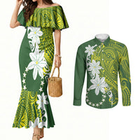 Cook Islands Maori Language Week Couples Matching Mermaid Dress and Long Sleeve Button Shirt Tiare Maori Kuki Airani Green Pattern LT22 Green - Polynesian Pride