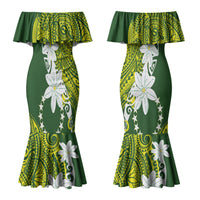 Cook Islands Maori Language Week Couples Matching Mermaid Dress and Long Sleeve Button Shirt Tiare Maori Kuki Airani Green Pattern LT22 - Polynesian Pride