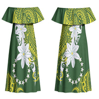 Cook Islands Maori Language Week Couples Matching Off Shoulder Maxi Dress and Hawaiian Shirt Tiare Maori Kuki Airani Green Pattern LT22 - Polynesian Pride