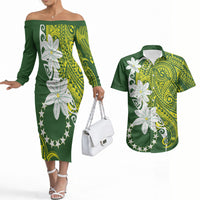 Cook Islands Maori Language Week Couples Matching Off The Shoulder Long Sleeve Dress and Hawaiian Shirt Tiare Maori Kuki Airani Green Pattern LT22 Green - Polynesian Pride