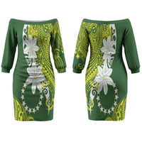 Cook Islands Maori Language Week Couples Matching Off The Shoulder Long Sleeve Dress and Hawaiian Shirt Tiare Maori Kuki Airani Green Pattern LT22 - Polynesian Pride