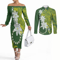 Cook Islands Maori Language Week Couples Matching Off The Shoulder Long Sleeve Dress and Long Sleeve Button Shirt Tiare Maori Kuki Airani Green Pattern LT22 Green - Polynesian Pride