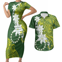 Cook Islands Maori Language Week Couples Matching Short Sleeve Bodycon Dress and Hawaiian Shirt Tiare Maori Kuki Airani Green Pattern LT22 Green - Polynesian Pride