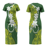 Cook Islands Maori Language Week Couples Matching Short Sleeve Bodycon Dress and Hawaiian Shirt Tiare Maori Kuki Airani Green Pattern LT22 - Polynesian Pride