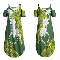 Cook Islands Maori Language Week Couples Matching Summer Maxi Dress and Long Sleeve Button Shirt Tiare Maori Kuki Airani Green Pattern LT22 - Polynesian Pride