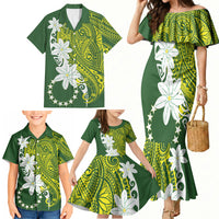 Cook Islands Maori Language Week Family Matching Mermaid Dress and Hawaiian Shirt Tiare Maori Kuki Airani Green Pattern LT22 - Polynesian Pride