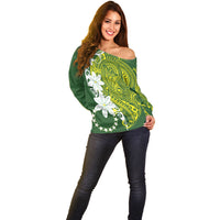 Cook Islands Maori Language Week Off Shoulder Sweater Tiare Maori Kuki Airani Green Pattern LT22 - Polynesian Pride