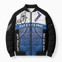 Personalised Cycling New Zealand Bomber Puffer Jacket Aotearoa Map Fern Maori Pattern LT22 Unisex Blue - Polynesian Pride