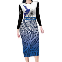 Personalised Cycling New Zealand Long Sleeve Bodycon Dress Aotearoa Map Fern Maori Pattern LT22 Long Dress Blue - Polynesian Pride
