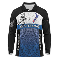 Personalised Cycling New Zealand Long Sleeve Polo Shirt Aotearoa Map Fern Maori Pattern LT22 Blue - Polynesian Pride