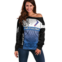 Personalised Cycling New Zealand Off Shoulder Sweater Aotearoa Map Fern Maori Pattern LT22 Women Blue - Polynesian Pride