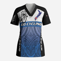 Personalised Cycling New Zealand Scrub Top Aotearoa Map Fern Maori Pattern LT22 Adult Blue - Polynesian Pride